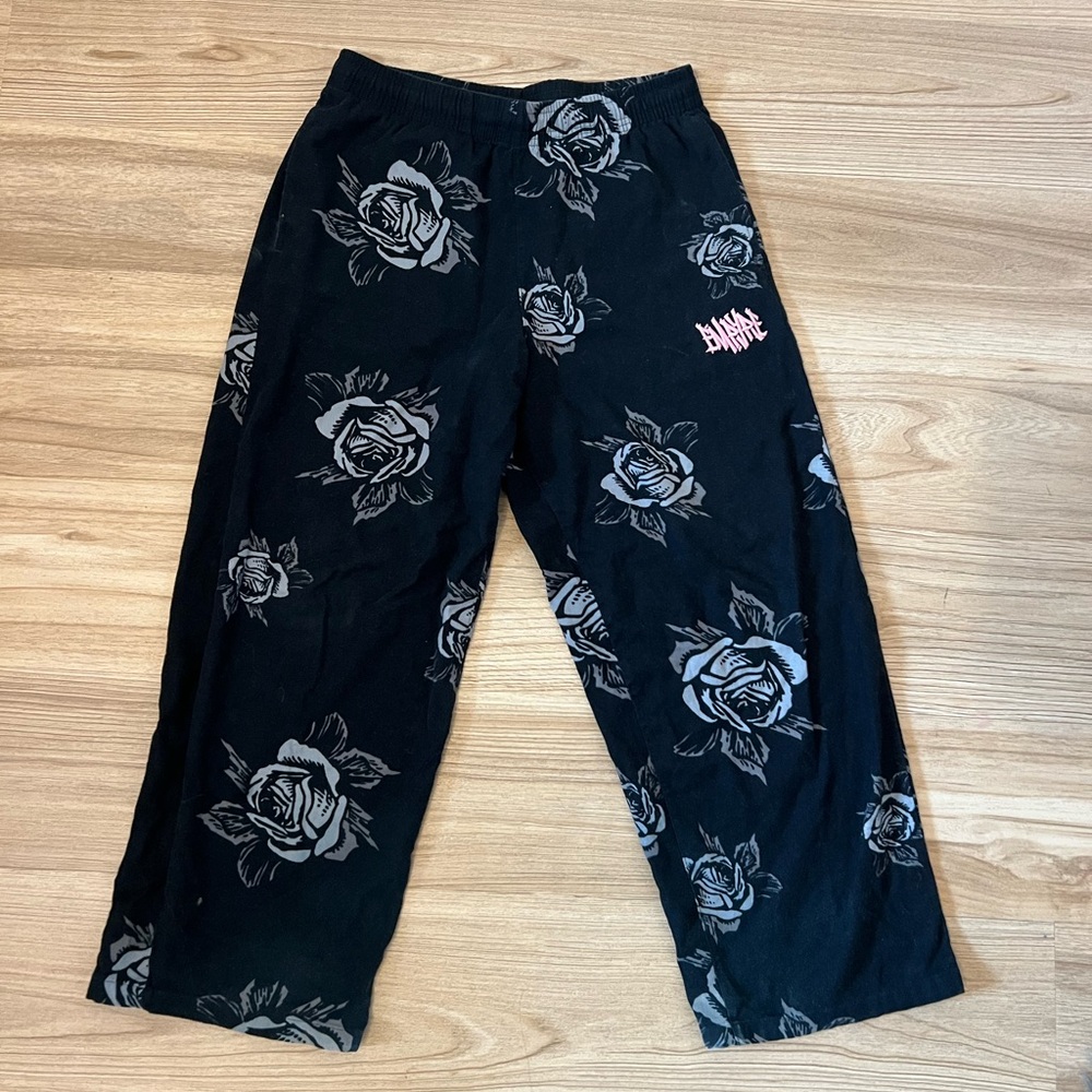 Empyre Black Rose Print Lounge Pants with Pink Logo
